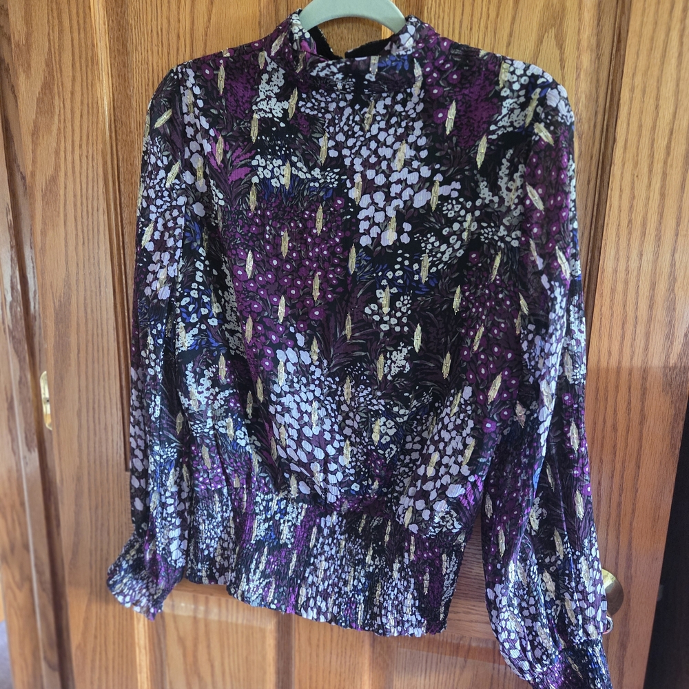 White House Black Market Purple Floral Long Sleeve Blouse sz 10